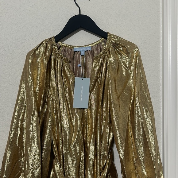 NWT ANTONIO MELANI Raffaella Metallic Split V-Long Sleeve Tie Waist Dress - Picture 7 of 8